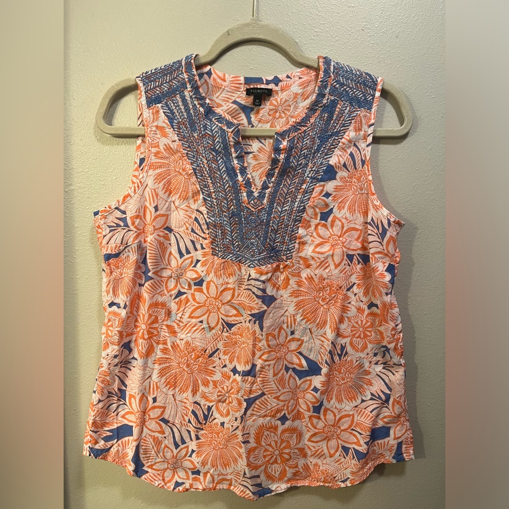 Talbots Sleeveless Embroidered Tropical Blouse M